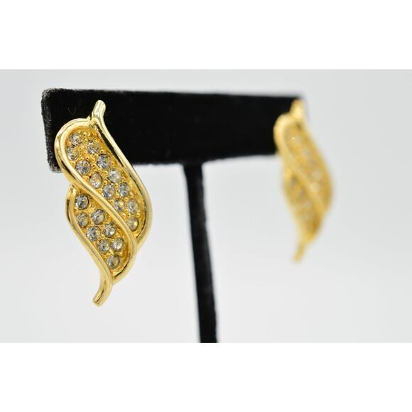 Vintage Leaf Earrings Shiny Pave Rhinestone Crystal Gold Dangle 1980s 9C - Picture 4 of 7